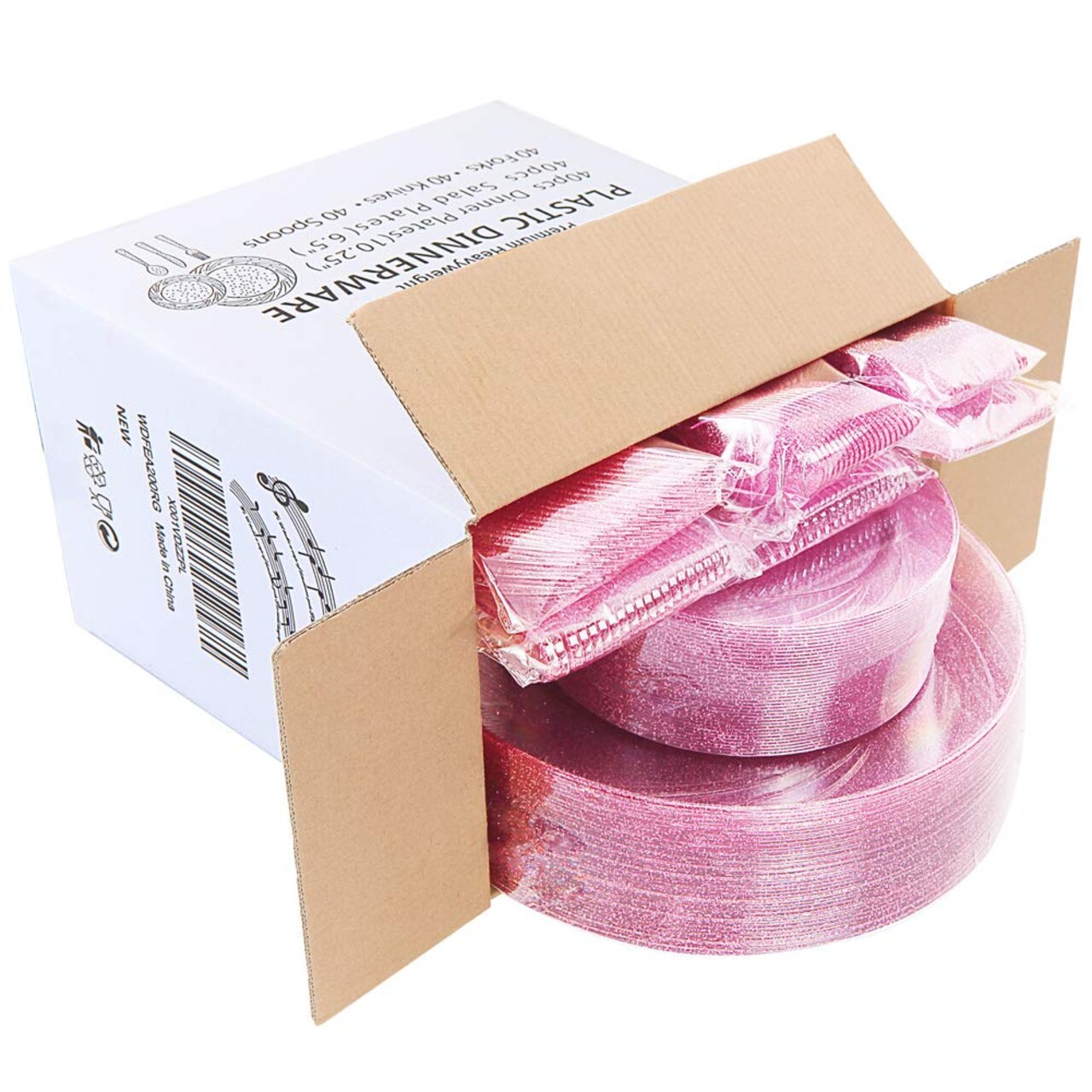 Rose Gold Pink Plastic Plates with Pink Plastic Silverware include 40 Dinner & Salad Plates, 40Forks, 40 Knives, 40 Spoons for Wedding/Party/Valentine's Day